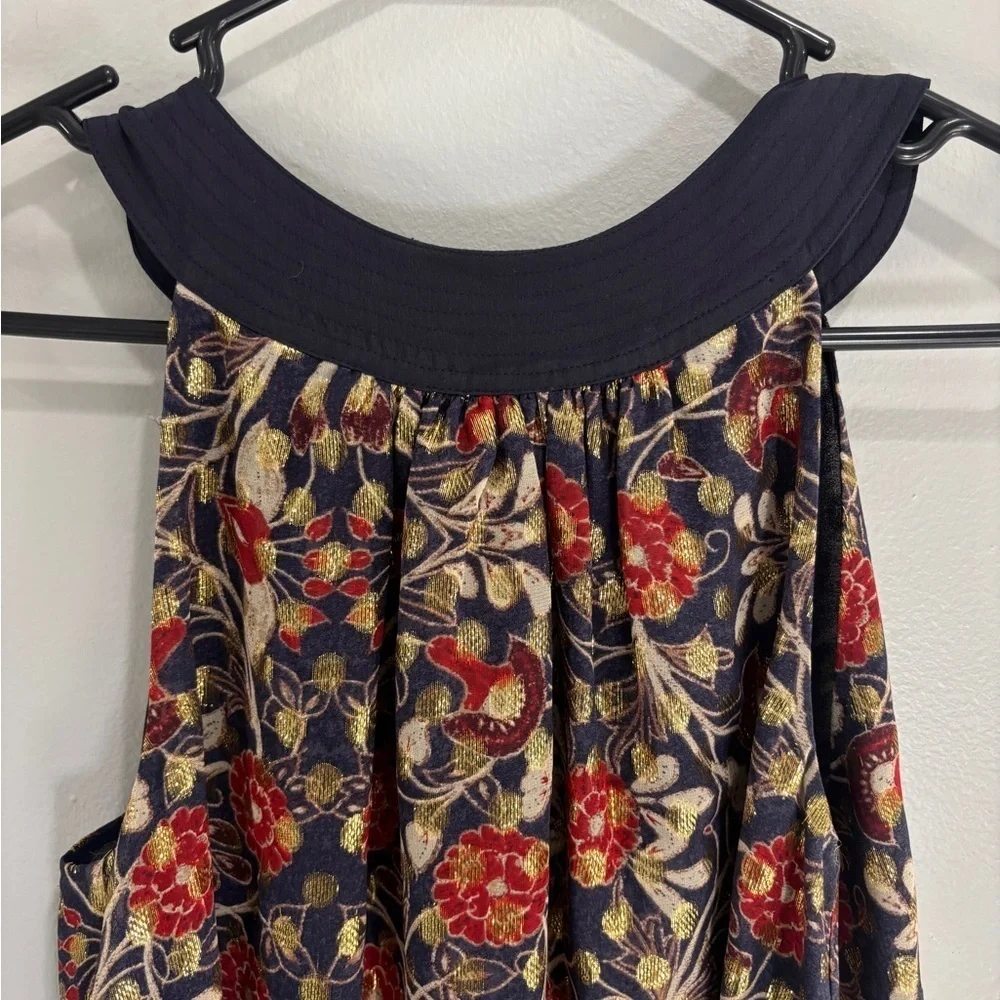 Tory Burch Silk Floral Gold Metallic Halter Top Blouse Size 4 Business casual